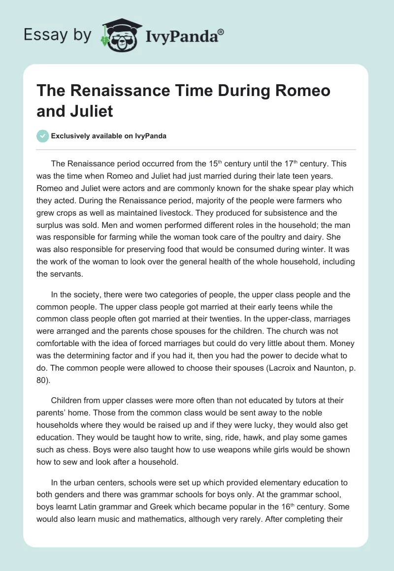 The Renaissance Time During Romeo and Juliet. Page 1