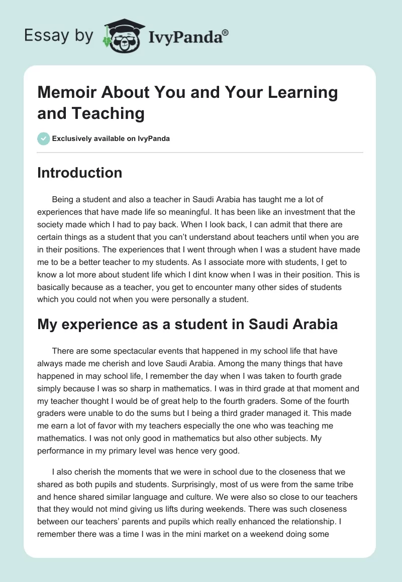 Memoir About You and Your Learning and Teaching. Page 1