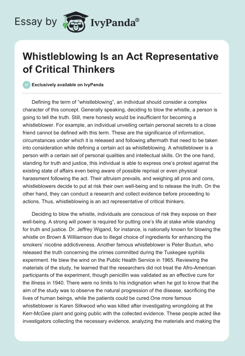Whistleblowing Is an Act Representative of Critical Thinkers. Page 1