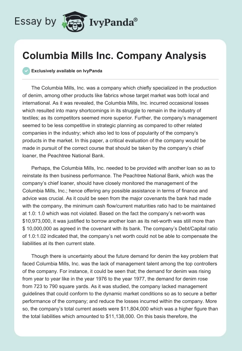 Columbia Mills Inc. Company Analysis. Page 1