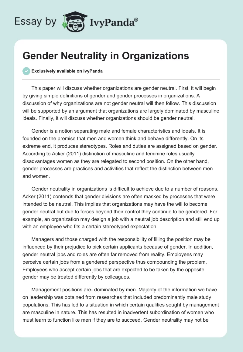 Gender Neutrality in Organizations. Page 1