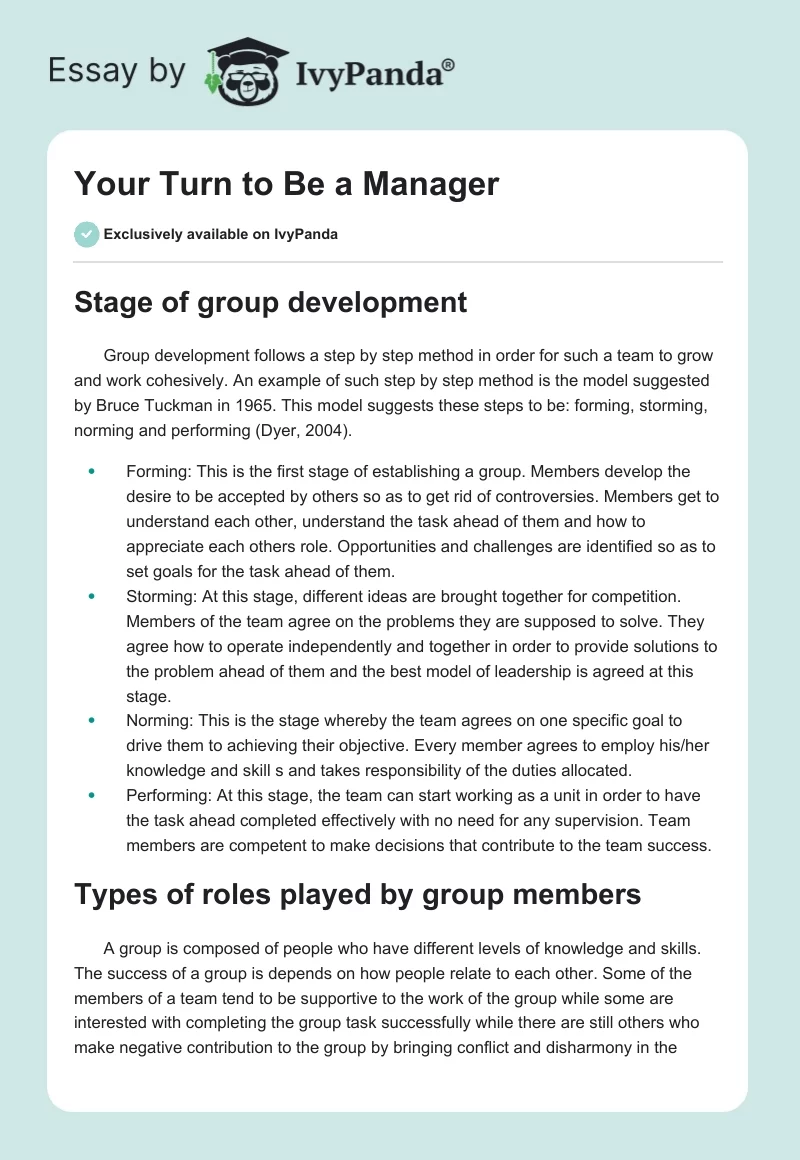 Your Turn to Be a Manager. Page 1