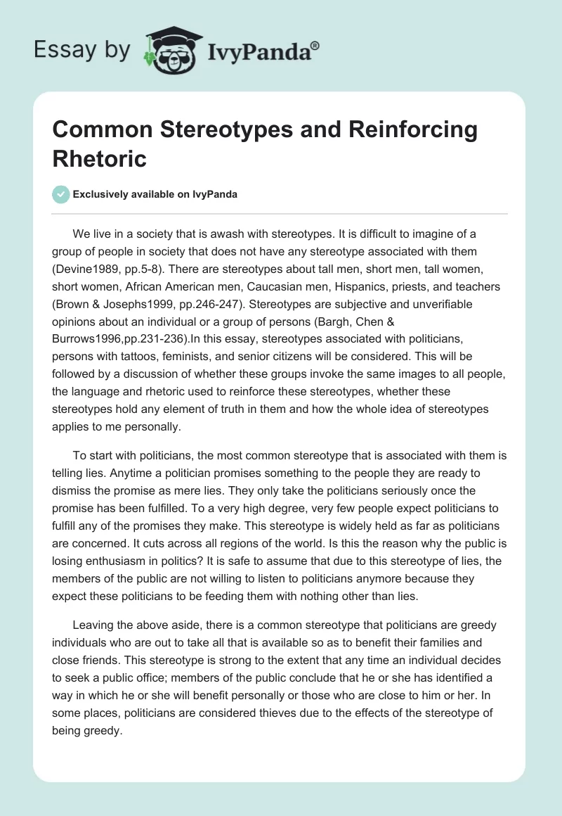 Common Stereotypes and Reinforcing Rhetoric. Page 1