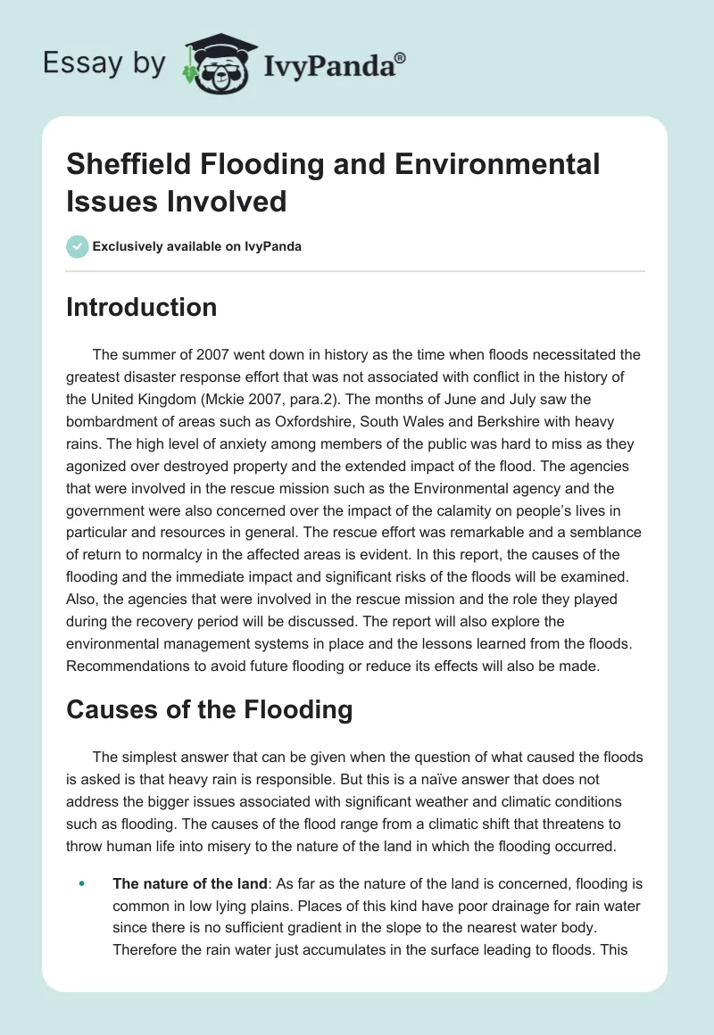Sheffield Flooding and Environmental Issues Involved. Page 1