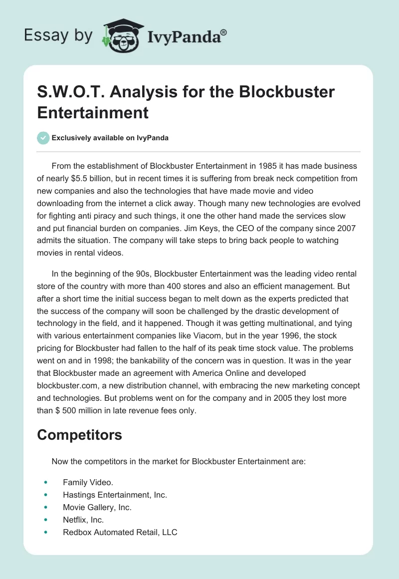 S.W.O.T. Analysis for the Blockbuster Entertainment. Page 1