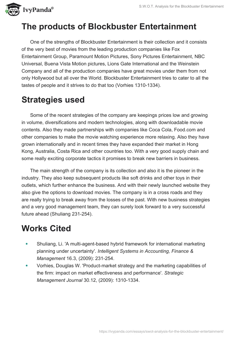 S.W.O.T. Analysis for the Blockbuster Entertainment. Page 2