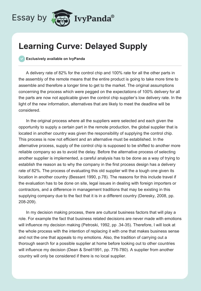 Learning Curve: Delayed Supply. Page 1
