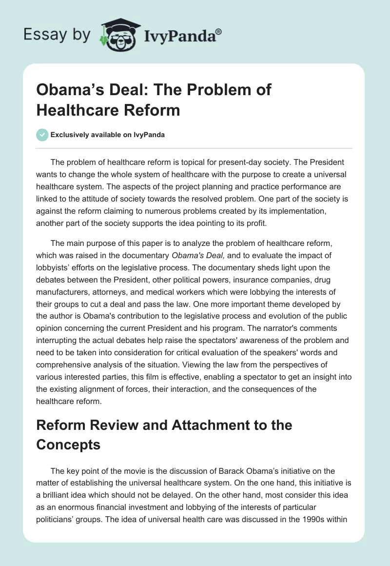 Obama’s Deal: The Problem of Healthcare Reform. Page 1