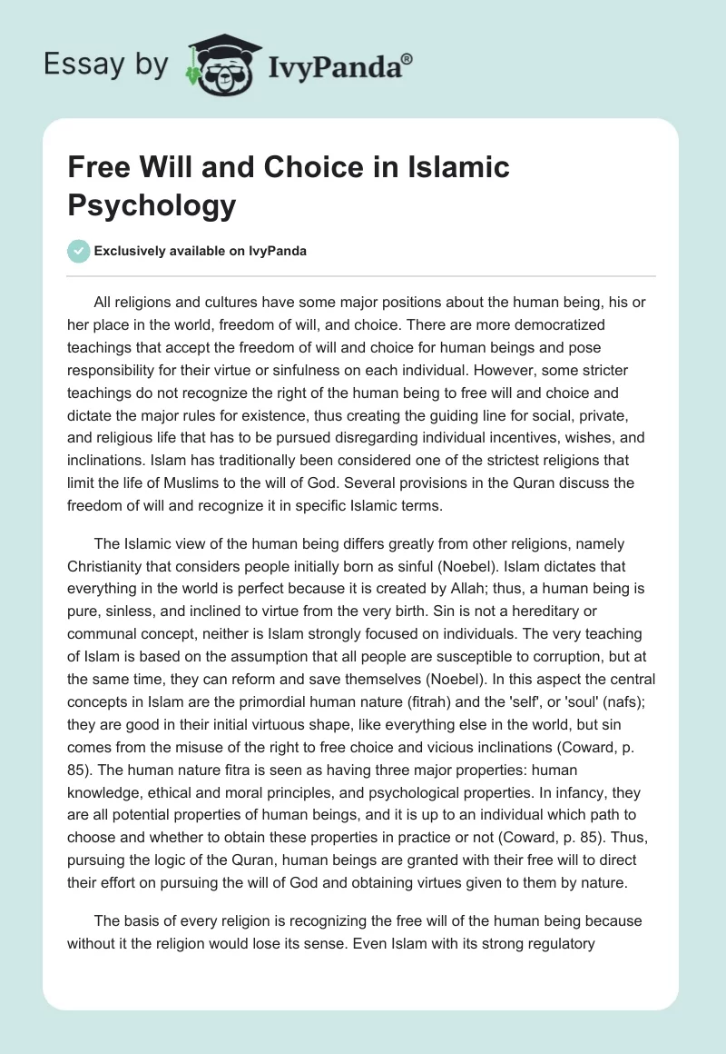 Free Will and Choice in Islamic Psychology. Page 1