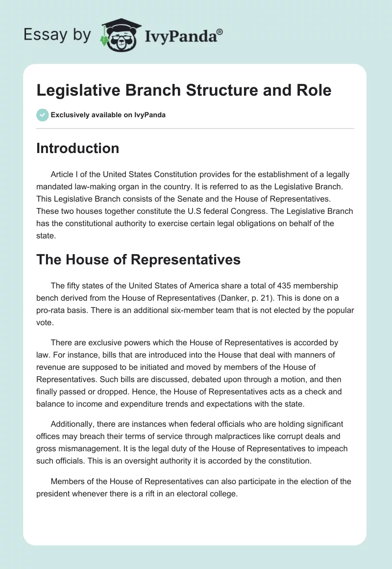 Legislative Branch Structure and Role. Page 1