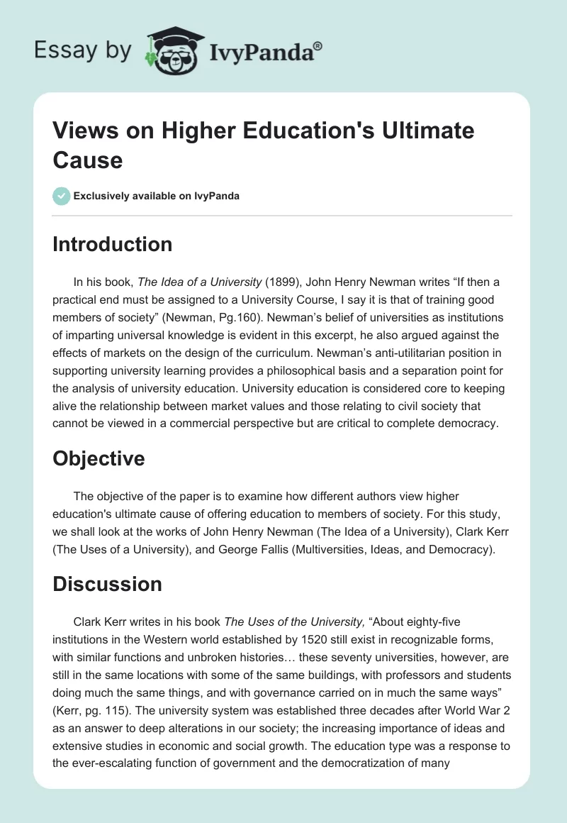 Views on Higher Education's Ultimate Cause. Page 1