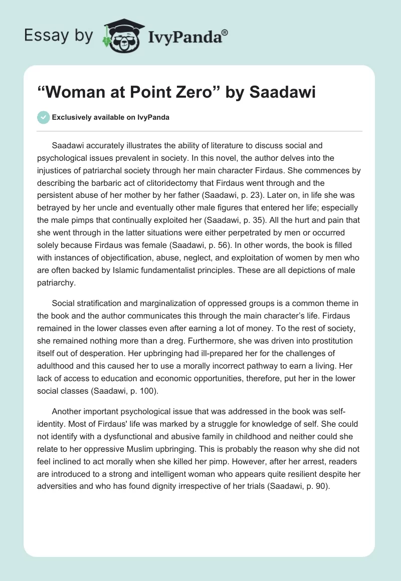 “Woman at Point Zero” by Saadawi. Page 1