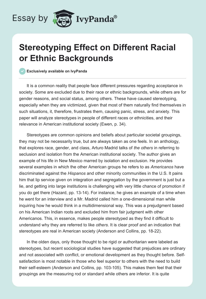 Stereotyping Effect on Different Racial or Ethnic Backgrounds. Page 1