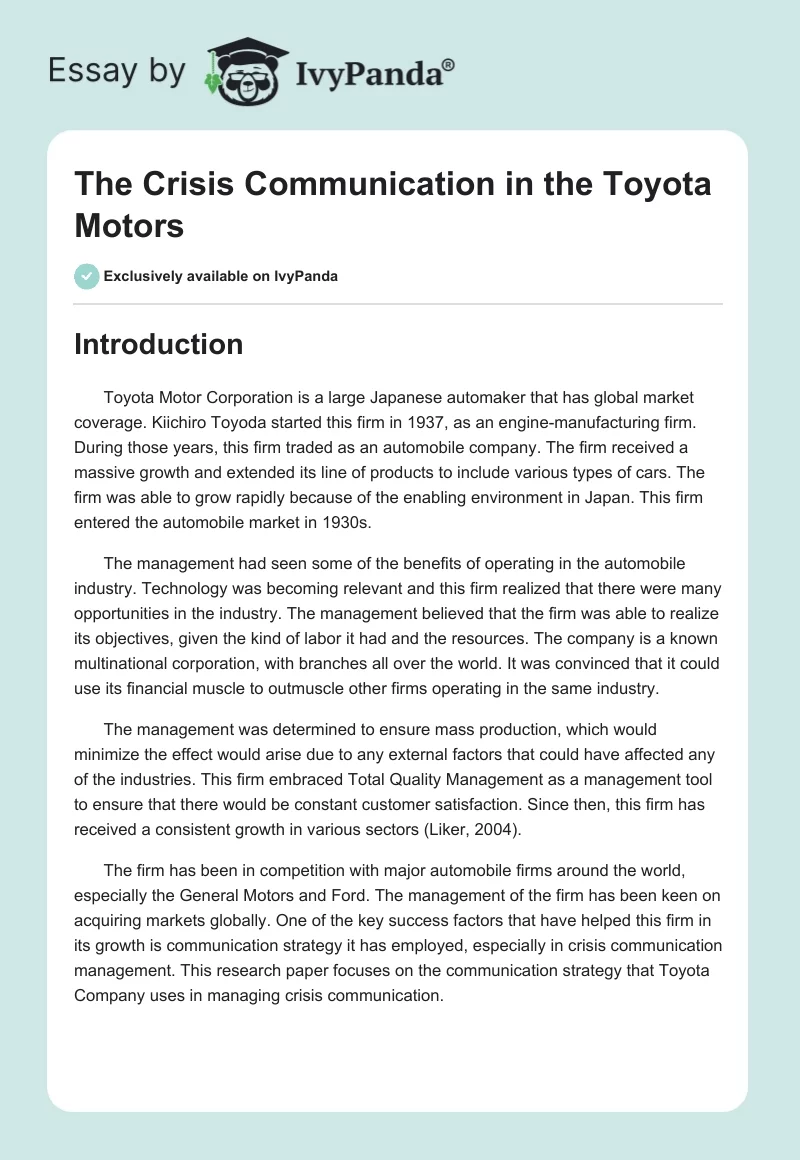The Crisis Communication in the Toyota Motors. Page 1