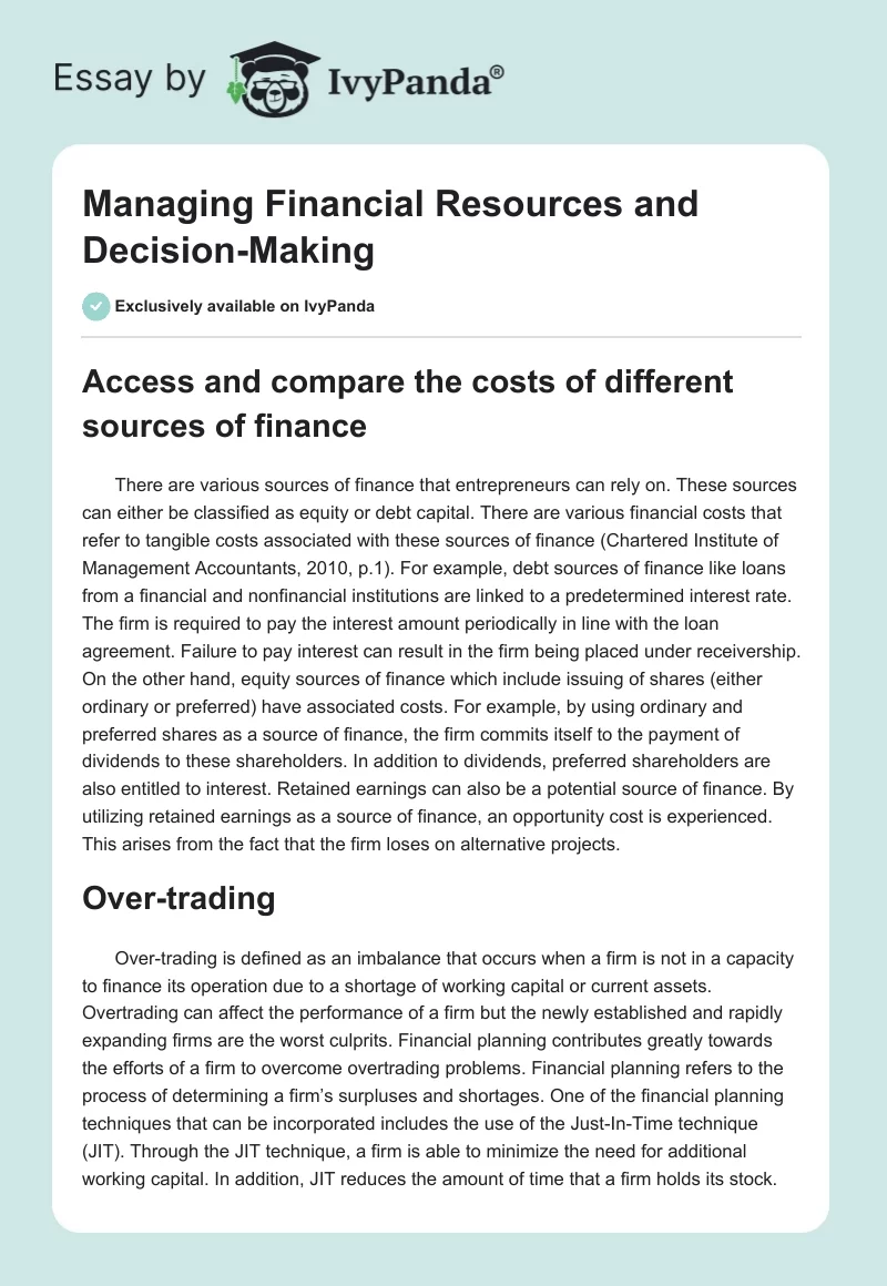 Managing Financial Resources and Decision-Making. Page 1
