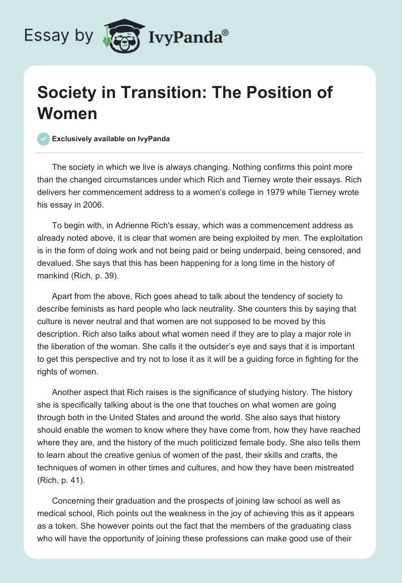 Society in Transition: The Position of Women. Page 1