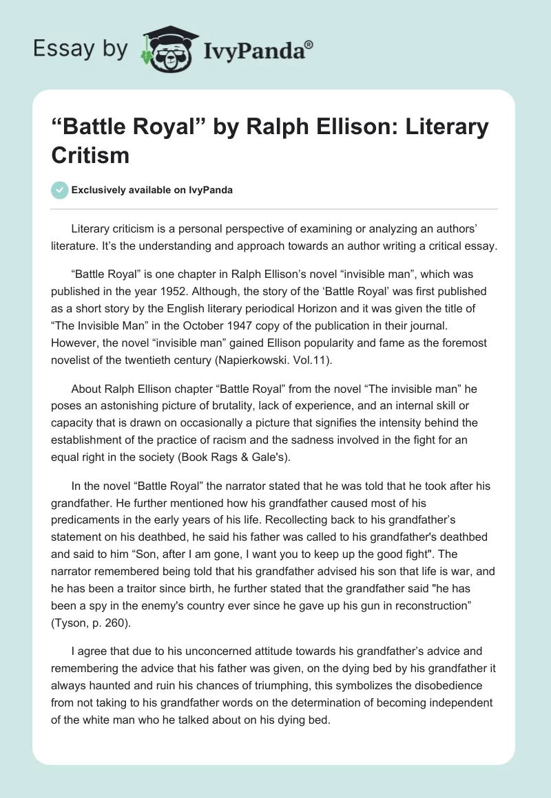 “Battle Royal” by Ralph Ellison: Literary Critism. Page 1