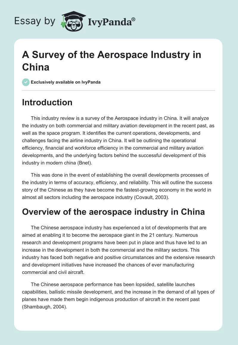 A Survey of the Aerospace Industry in China. Page 1