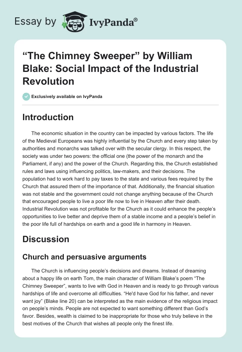 “The Chimney Sweeper” by William Blake: Social Impact of the Industrial Revolution. Page 1