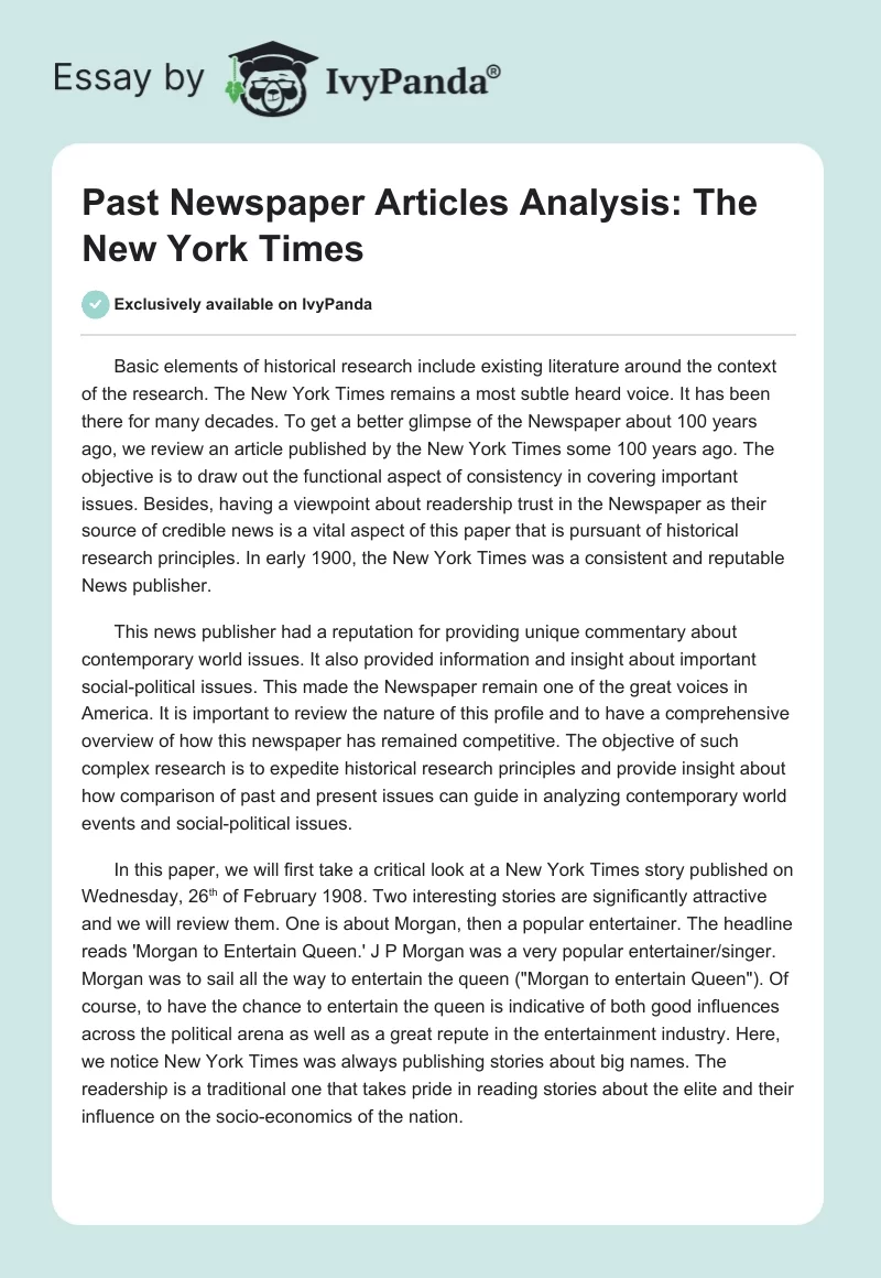 Past Newspaper Articles Analysis: The New York Times. Page 1