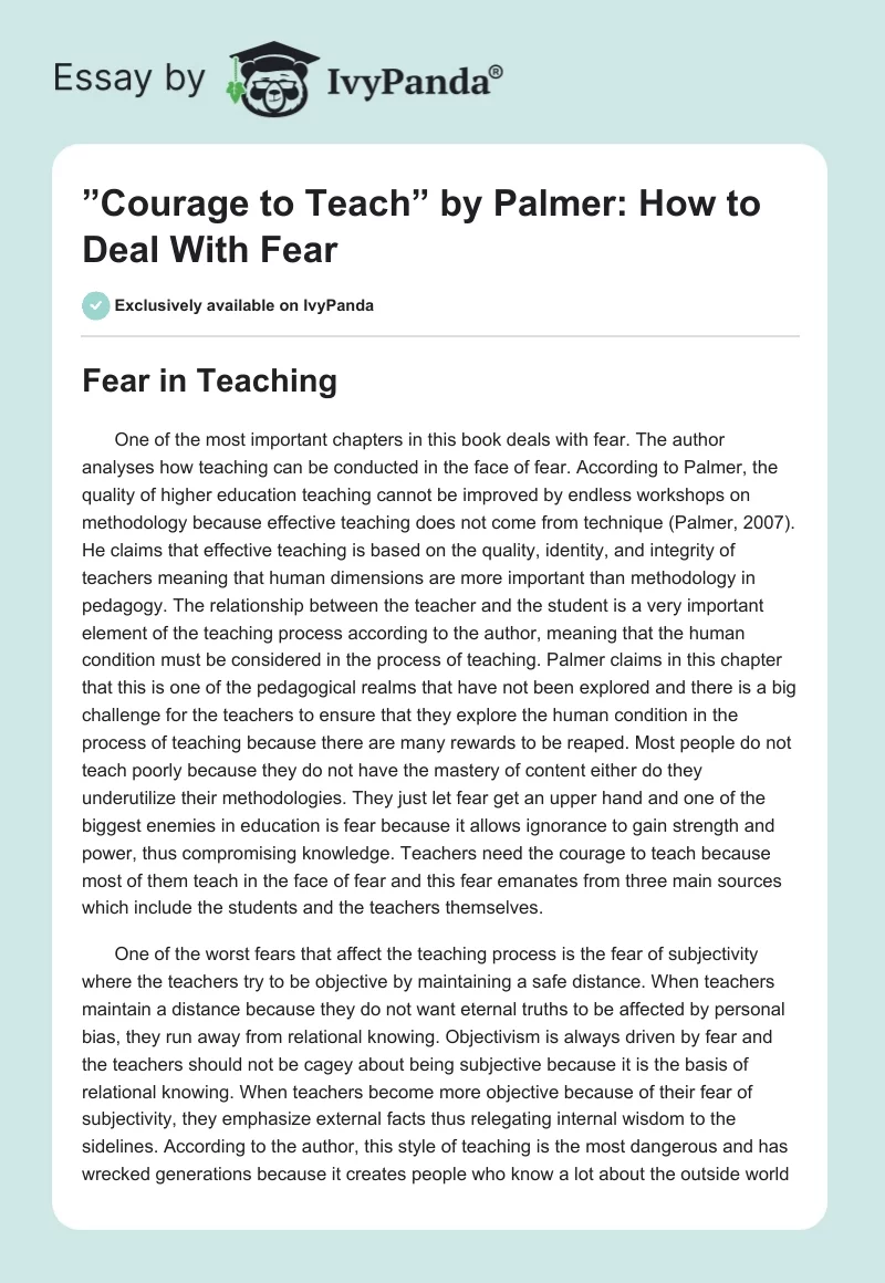 ”Courage to Teach” by Palmer: How to Deal With Fear. Page 1
