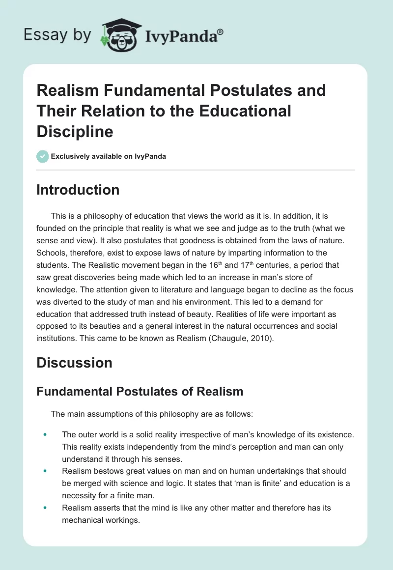 Realism Fundamental Postulates and Their Relation to the Educational Discipline. Page 1