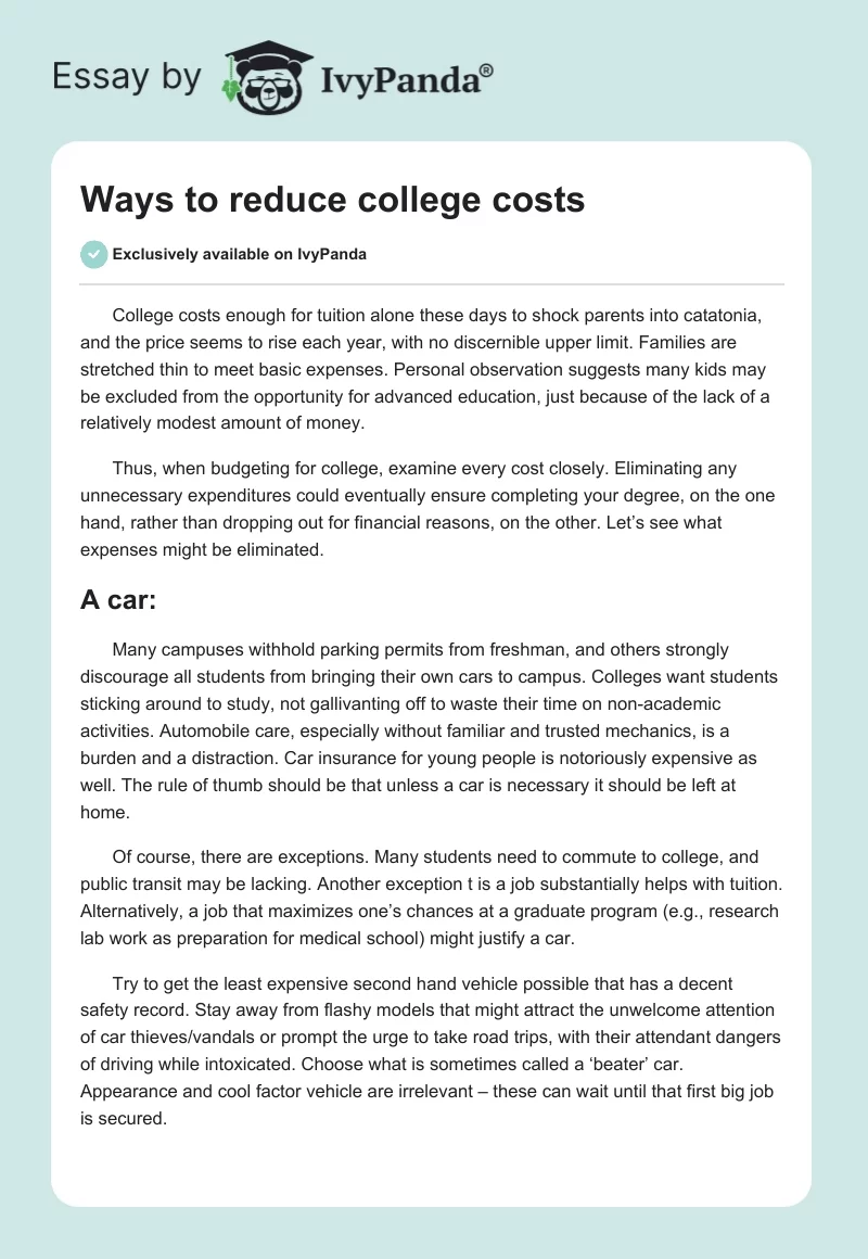 Ways to reduce college costs. Page 1