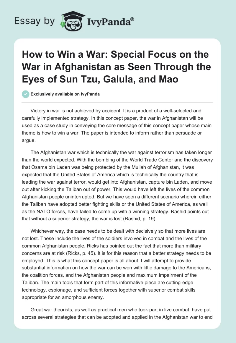 How to Win a War: Special Focus on the War in Afghanistan as Seen Through the Eyes of Sun Tzu, Galula, and Mao. Page 1