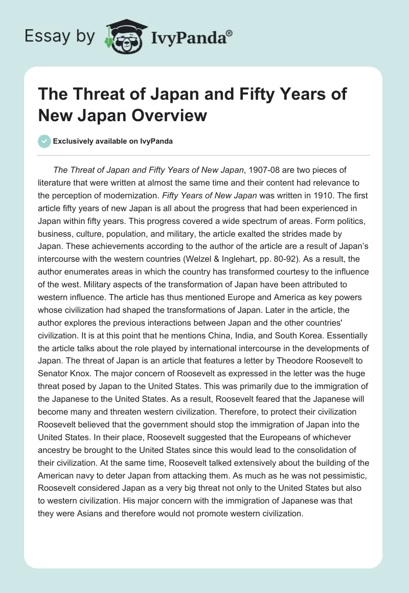 "The Threat of Japan" and "Fifty Years of New Japan" Overview. Page 1