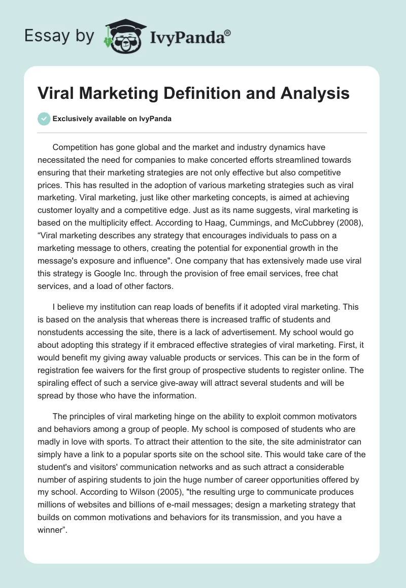 Viral Marketing Definition and Analysis. Page 1