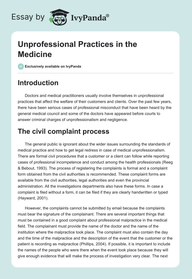 Unprofessional Practices in the Medicine. Page 1