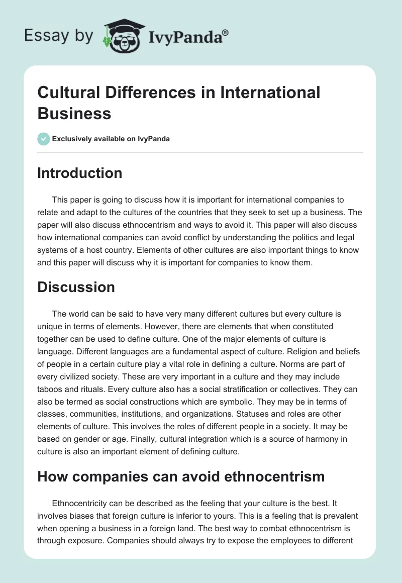 Cultural Differences in International Business. Page 1