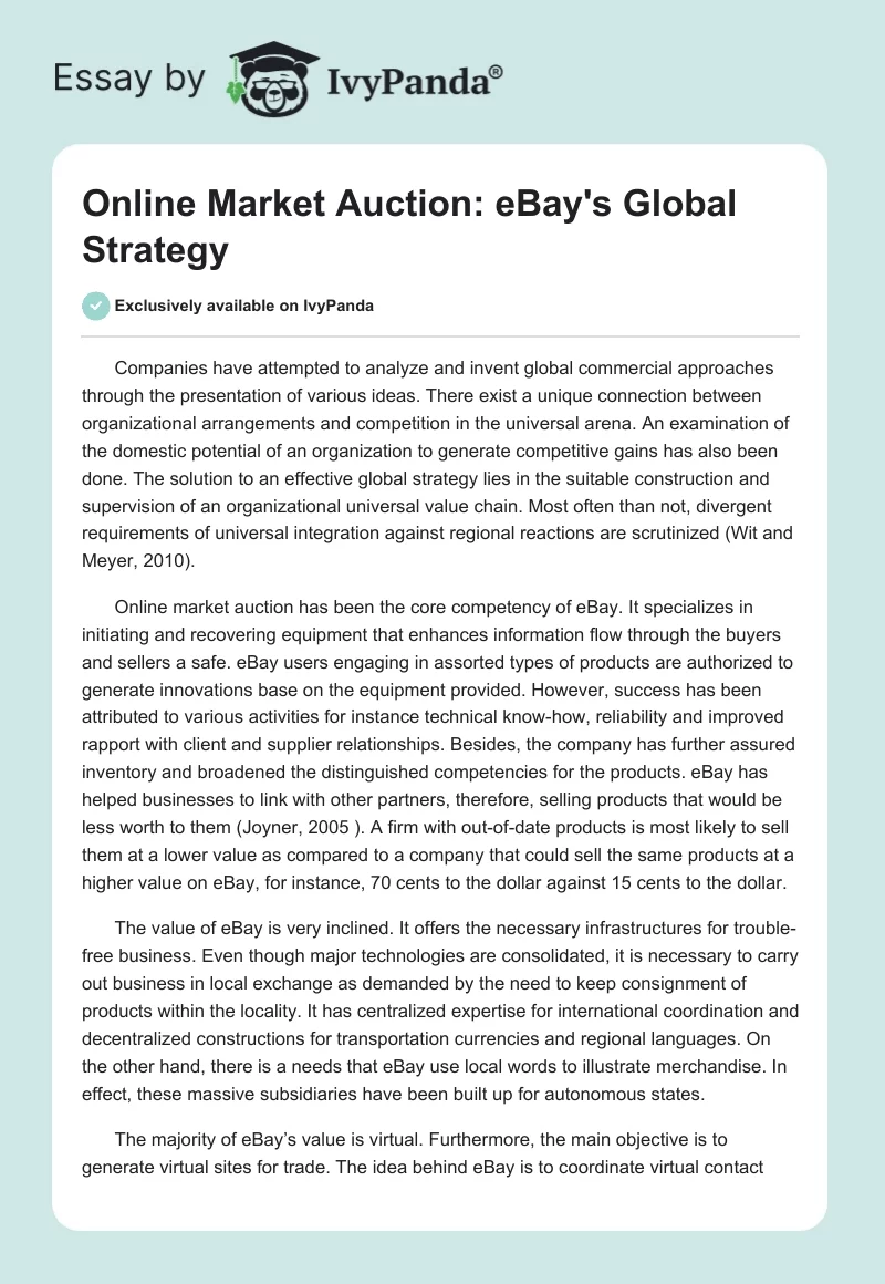 Online Market Auction: eBay's Global Strategy. Page 1