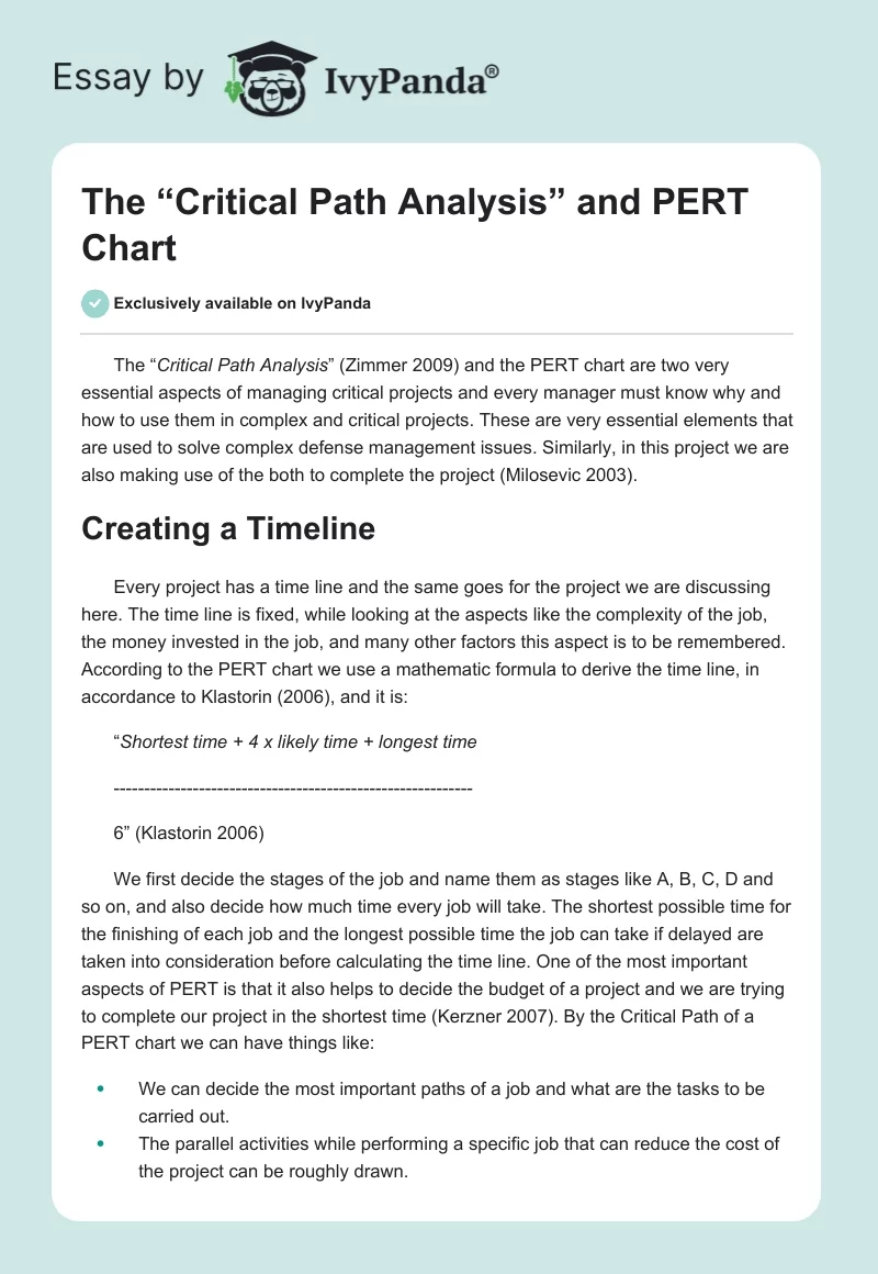 The “Critical Path Analysis” and PERT Chart. Page 1