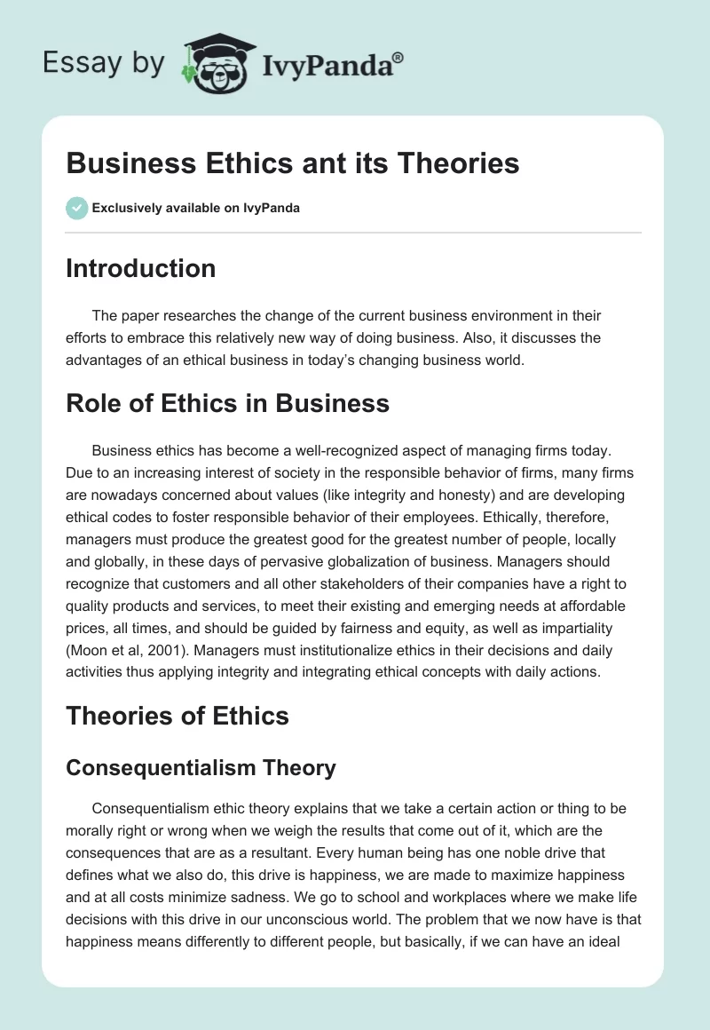 Business Ethics ant its Theories. Page 1