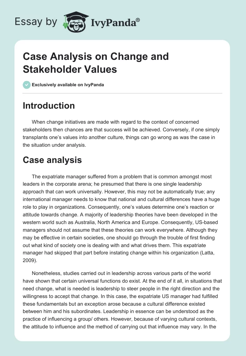 Case Analysis on Change and Stakeholder Values. Page 1