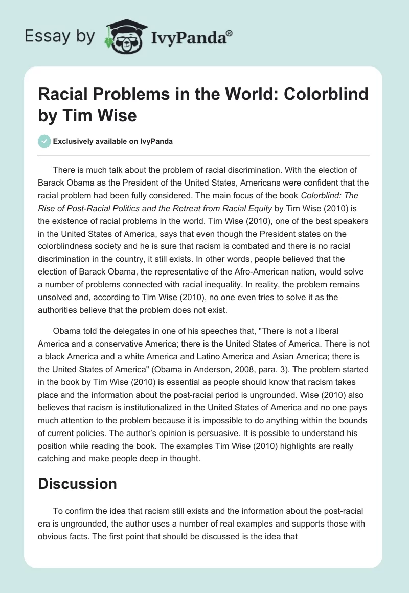 Racial Problems in the World: "Colorblind" by Tim Wise. Page 1