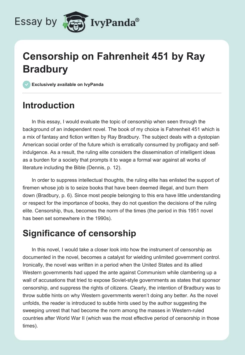 Censorship on Fahrenheit 451 by Ray Bradbury. Page 1