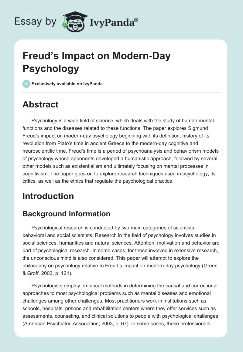 Freud’s Impact on Modern-Day Psychology. Page 1