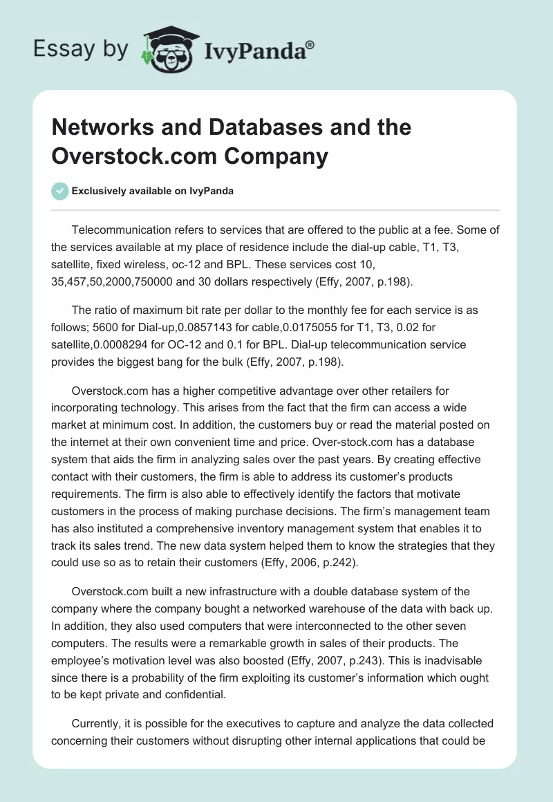 Networks and Databases and the Overstock.com Company. Page 1