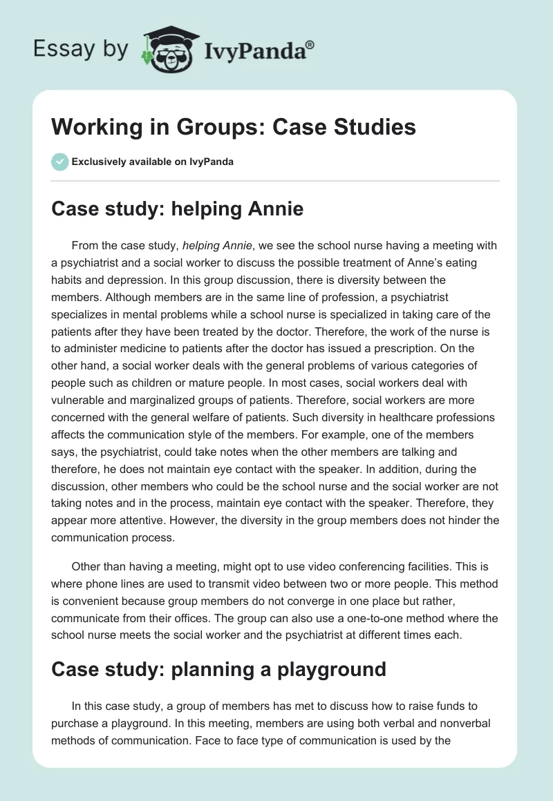 Working in Groups: Case Studies. Page 1