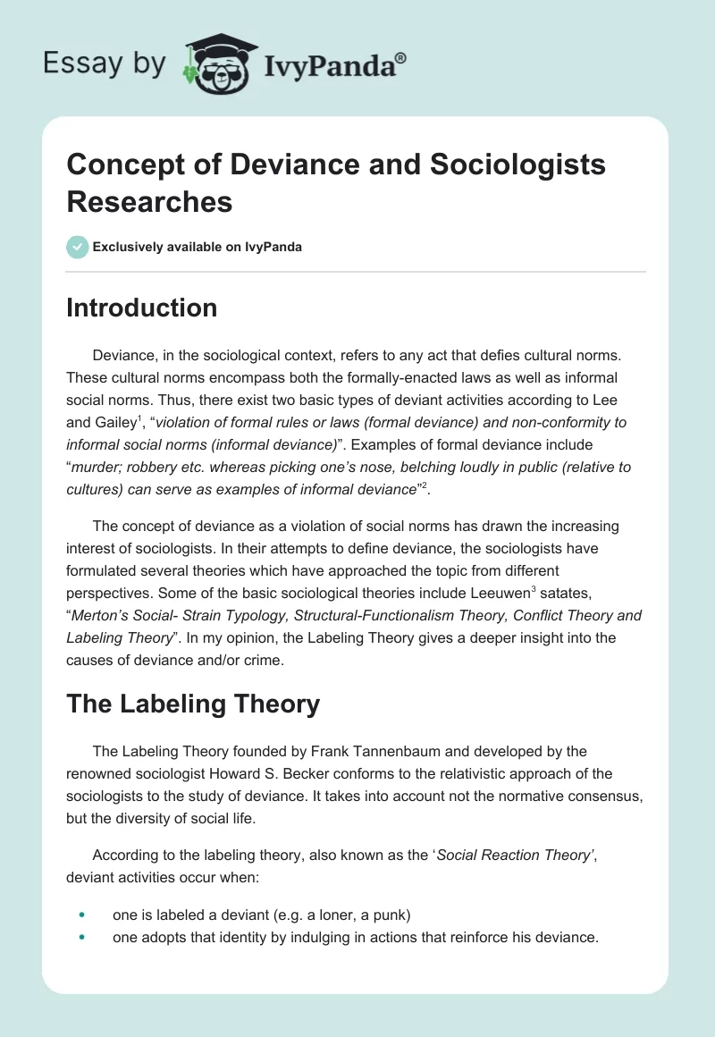 Concept of Deviance and Sociologists Researches. Page 1