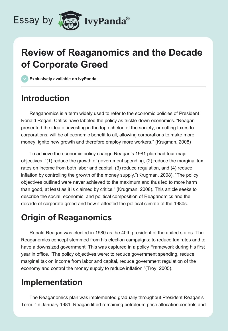 Review of Reaganomics and the Decade of Corporate Greed - 882 Words ...