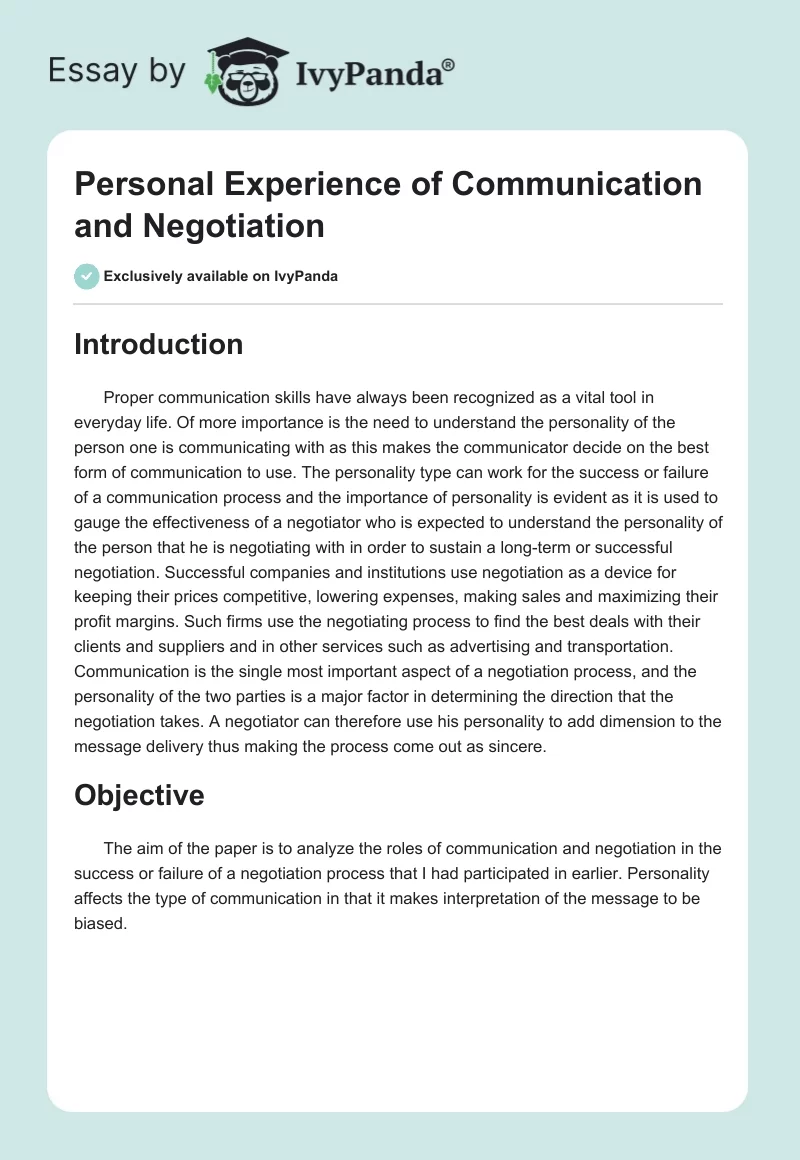 Personal Experience of Communication and Negotiation. Page 1