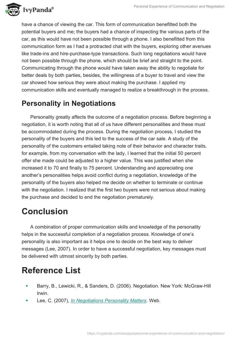 Personal Experience of Communication and Negotiation. Page 3