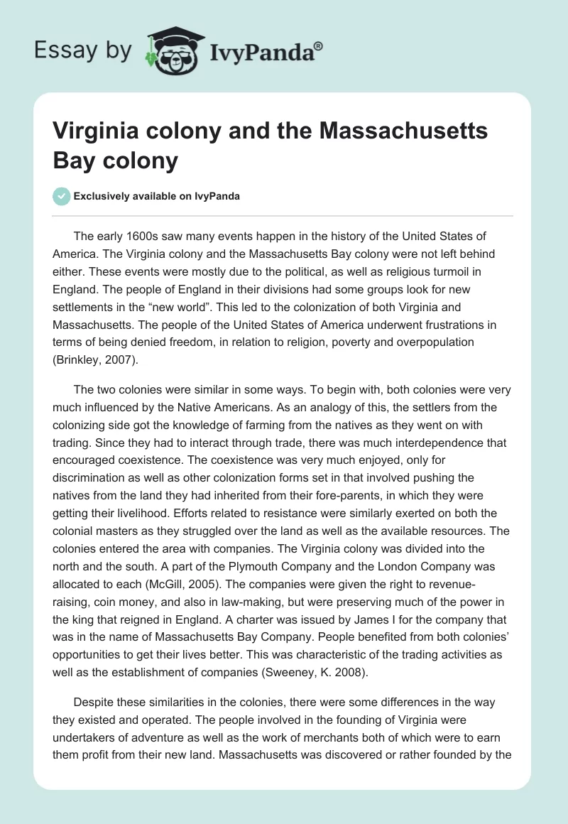 Virginia colony and the Massachusetts Bay colony. Page 1