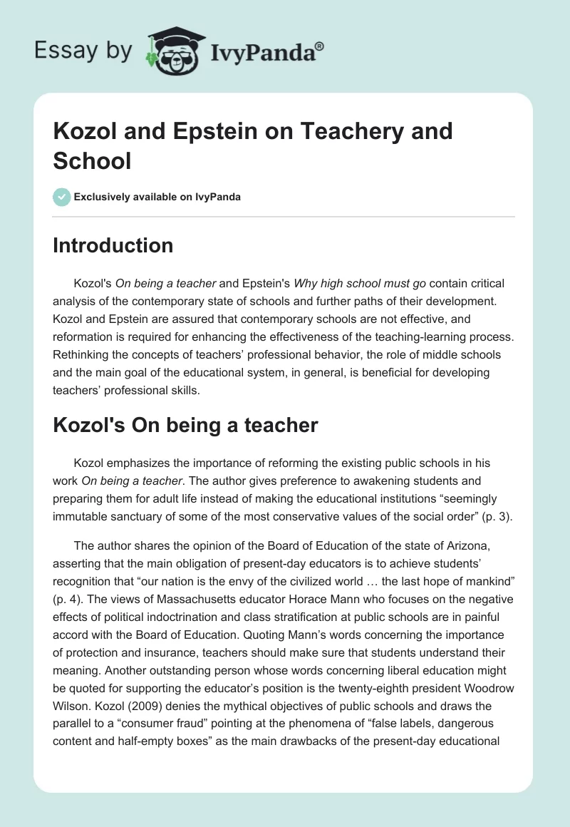 Kozol and Epstein on Teachery and School. Page 1