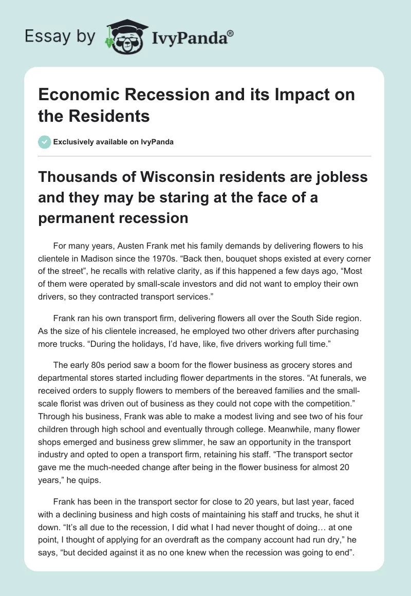 Economic Recession and its Impact on the Residents. Page 1