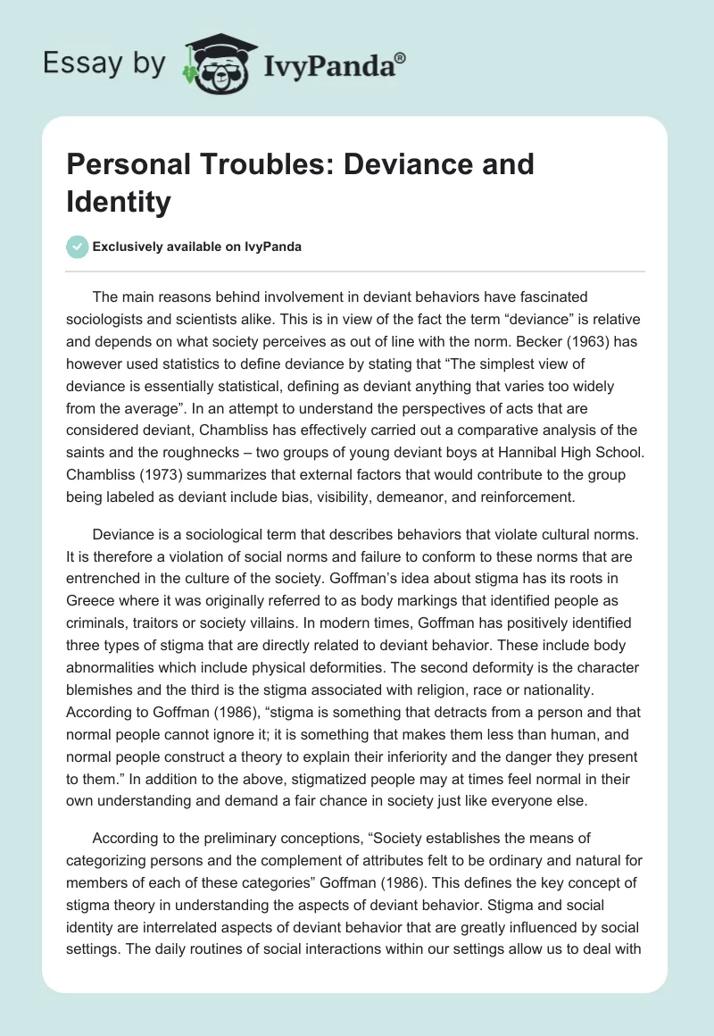 Personal Troubles: Deviance and Identity. Page 1