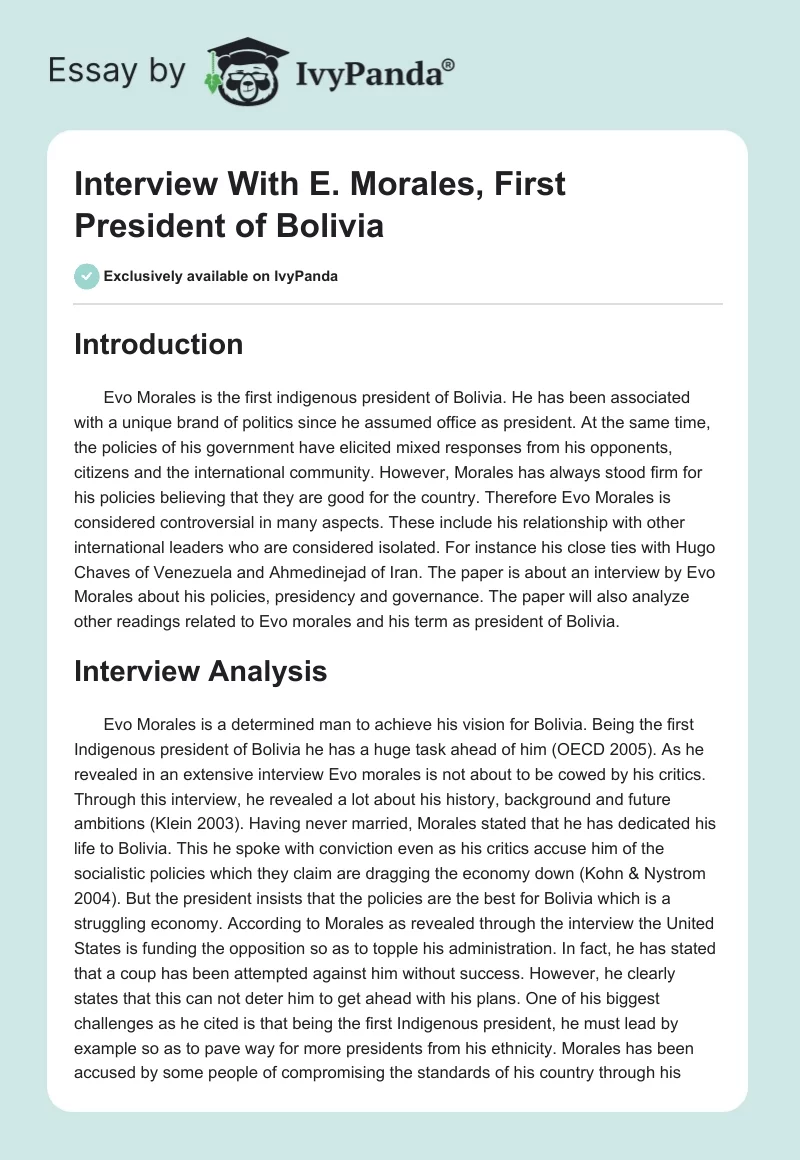 Interview With E. Morales, First President of Bolivia. Page 1